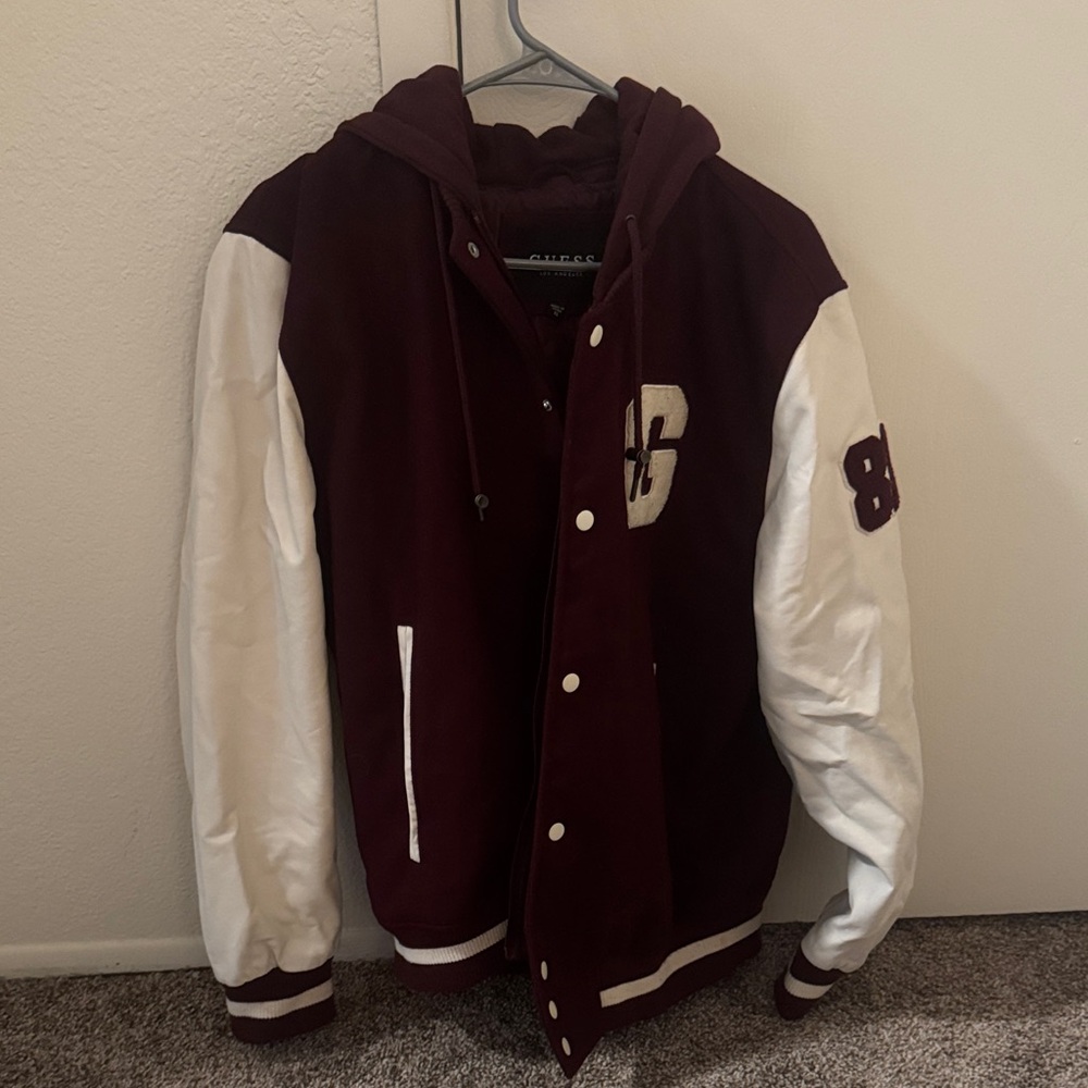 Guess Men's Burgundy and White Bomber Jacket